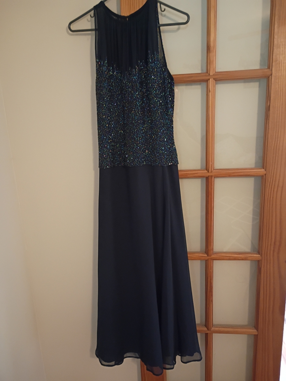 J Kara Navy Beaded Halter Maxi Gown